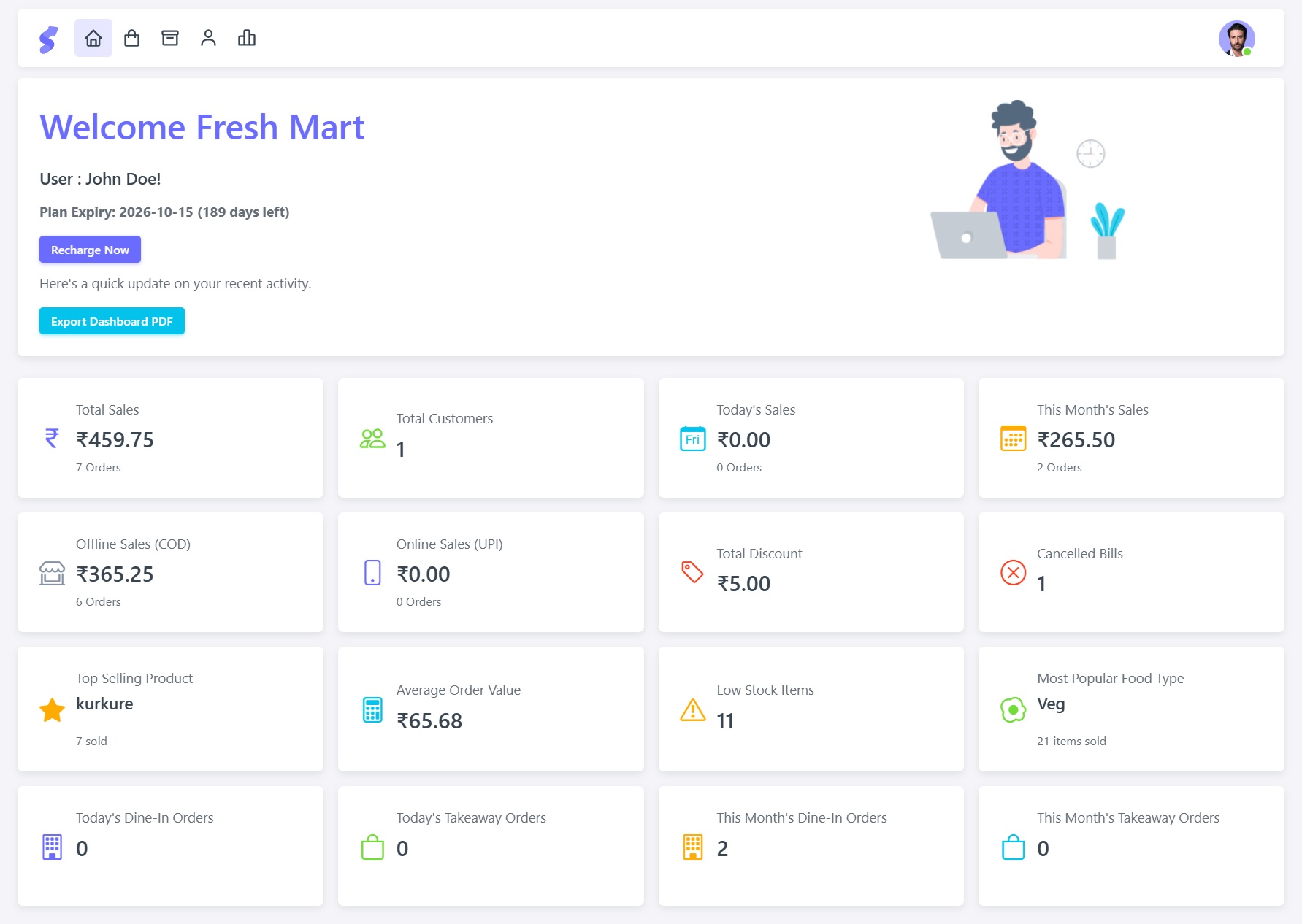 Restaurant billing software dashboard with order and invoice management